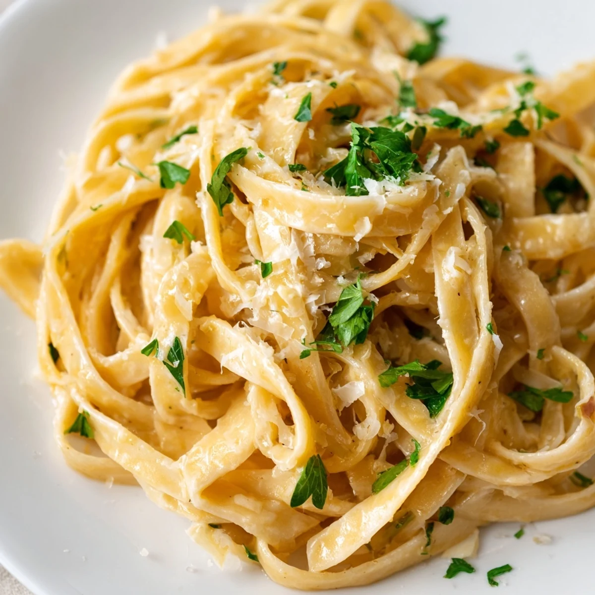 Creamy fettuccine coated in a vibrant sriracha honey sauce, topped with fresh parsley and parmesan cheese.