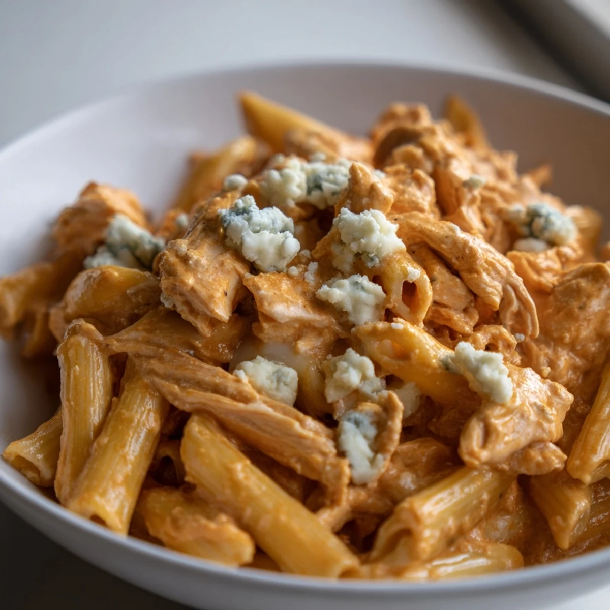 A bowl of creamy Buffalo Chicken Pasta with shredded chicken, melted mozzarella, and crumbled blue cheese on top.