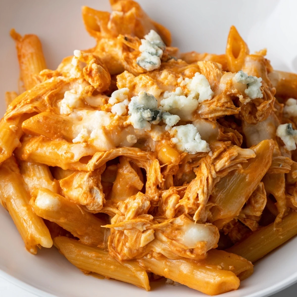 Steaming skillet of Buffalo Chicken Pasta tossed in a vibrant, spicy buffalo sauce, garnished with fresh chives.