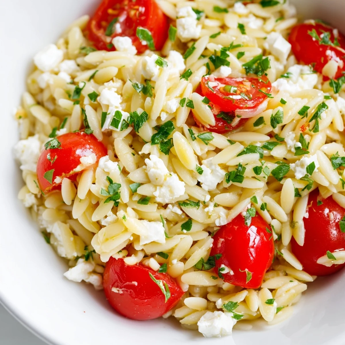 A vibrant bowl of Greek Orzo Salad with orzo pasta, cucumber, tomatoes, and feta, tossed in lemon-oregano dressing.  