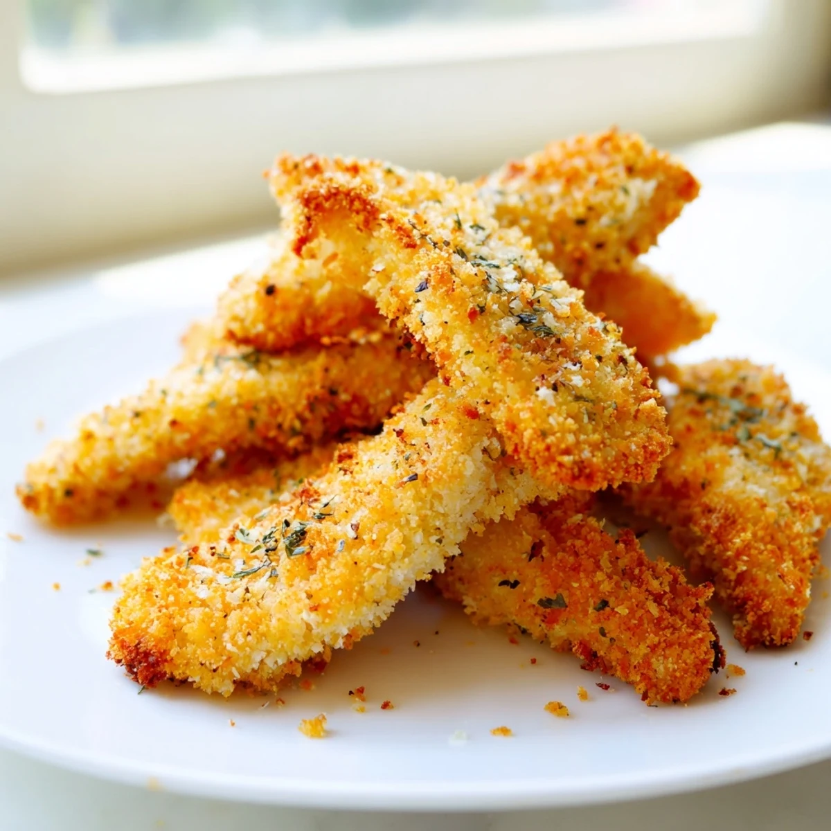 Crispy Panko Chicken Strips arranged on a platter, served with honey mustard and a lemon wedge for dipping.  