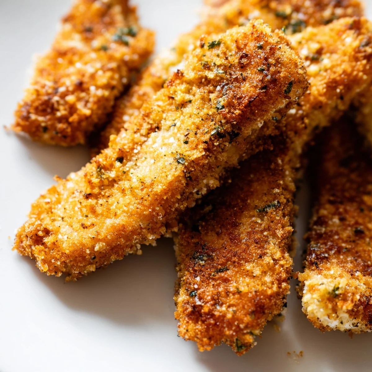 Golden, oven-baked Crispy Panko Chicken Strips on a baking sheet, ready for family dinner with a side salad.  