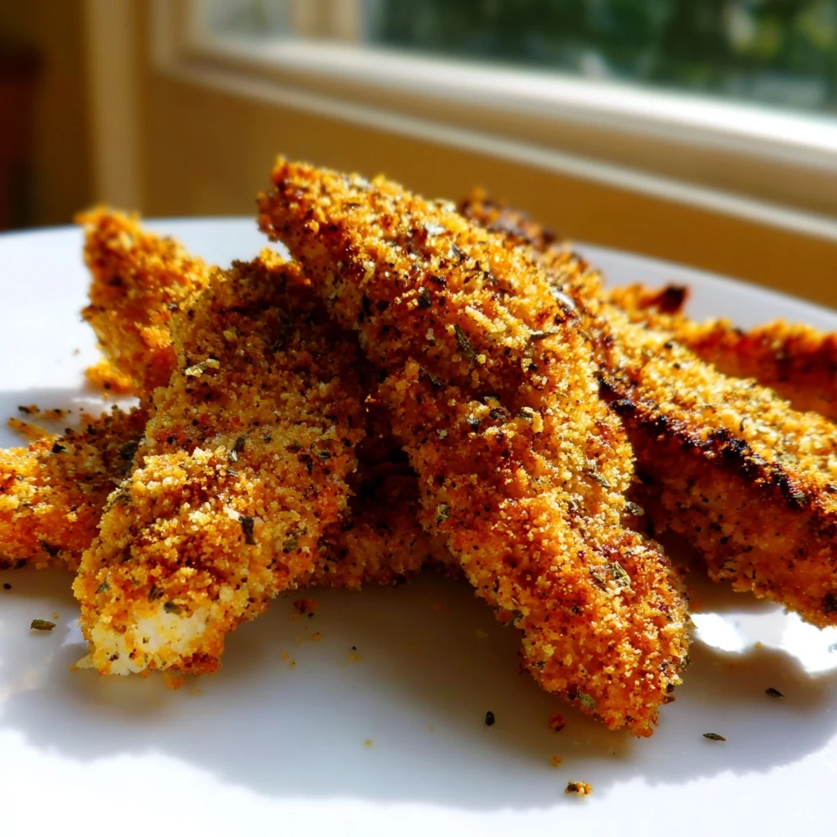 Herbed Crispy Panko Chicken Strips plated with ranch dip, showcasing a crunchy golden breadcrumb coating.