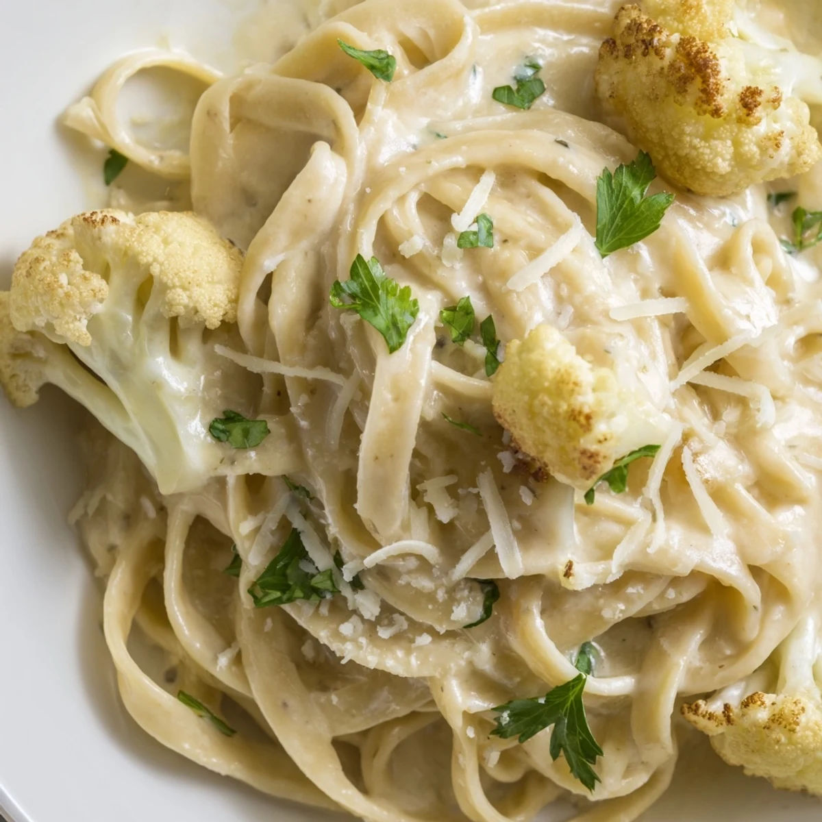 Roasted cauliflower florets and golden garlic blend into a creamy sauce tossed with fettuccine, garnished with fresh parsley and extra Parmesan.