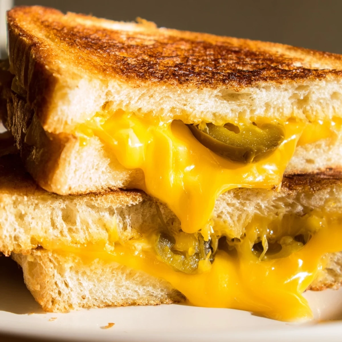 Golden, buttery sourdough slices stuffed with gooey cheddar and tangy pickled jalapeños, ready to serve with tomato soup.