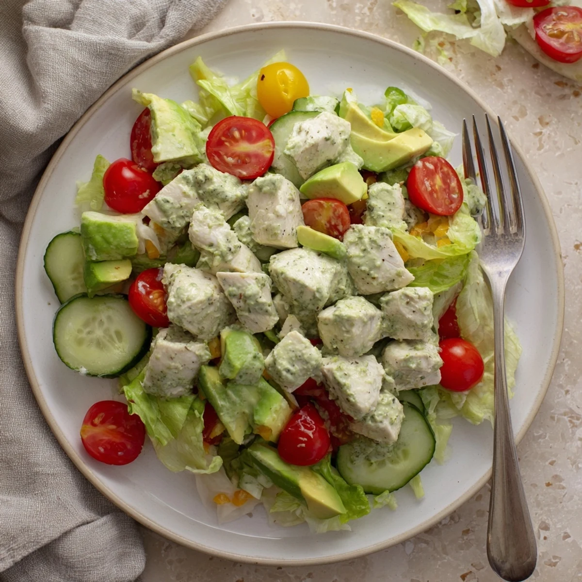 Tender chicken chunks coated in creamy Green Goddess dressing served on a fresh salad platter.  