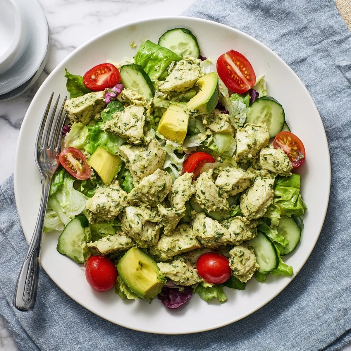 Vibrant Green Goddess Chicken Salad with crisp greens, cherry tomatoes, and sliced avocado.  
