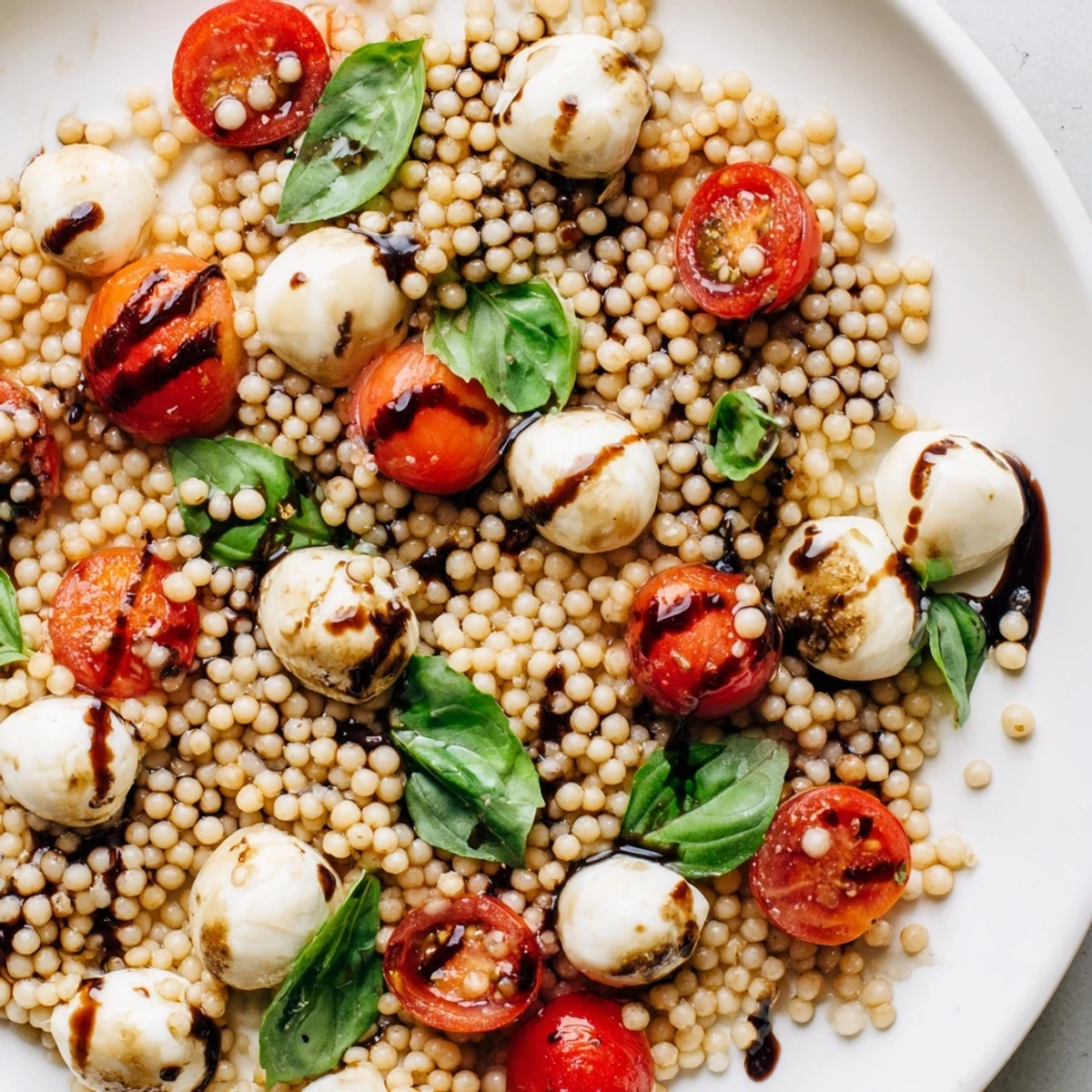 Bright, colorful Caprese Couscous Salad with juicy tomatoes, creamy mozzarella, and fresh basil tossed in balsamic glaze on a rustic plate.