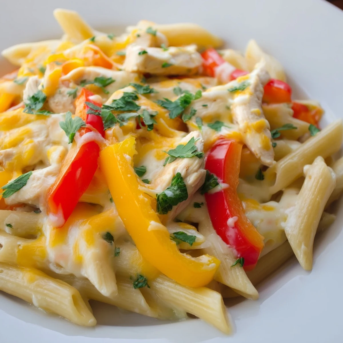 Sizzling fajita chicken pasta skillet with creamy cheese sauce, topped with vibrant bell peppers and fresh cilantro garnish.