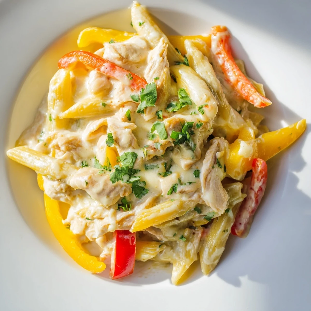 A hearty skillet meal of fajita chicken pasta, featuring tender peppers and onions in a rich, cheesy Tex-Mex sauce.