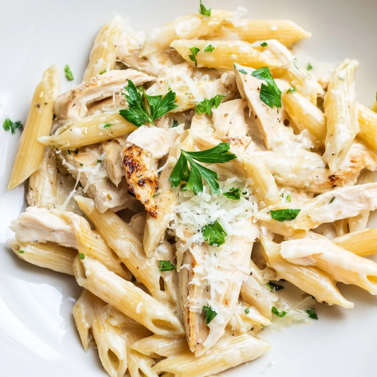 Fork-tender penne pasta coated in a creamy roasted garlic sauce with juicy, golden-brown chicken slices and fresh parsley garnish.  