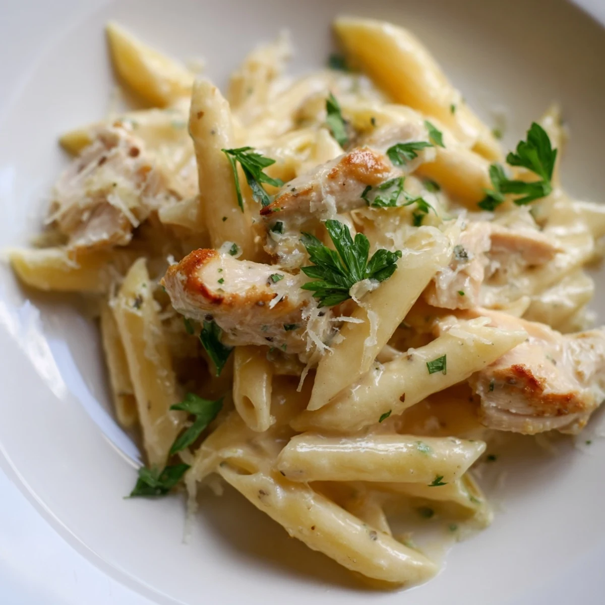 Comforting Italian-American Roasted Garlic Chicken Penne tossed with roasted chicken and silky sauce, ready to serve on a rustic plate.
