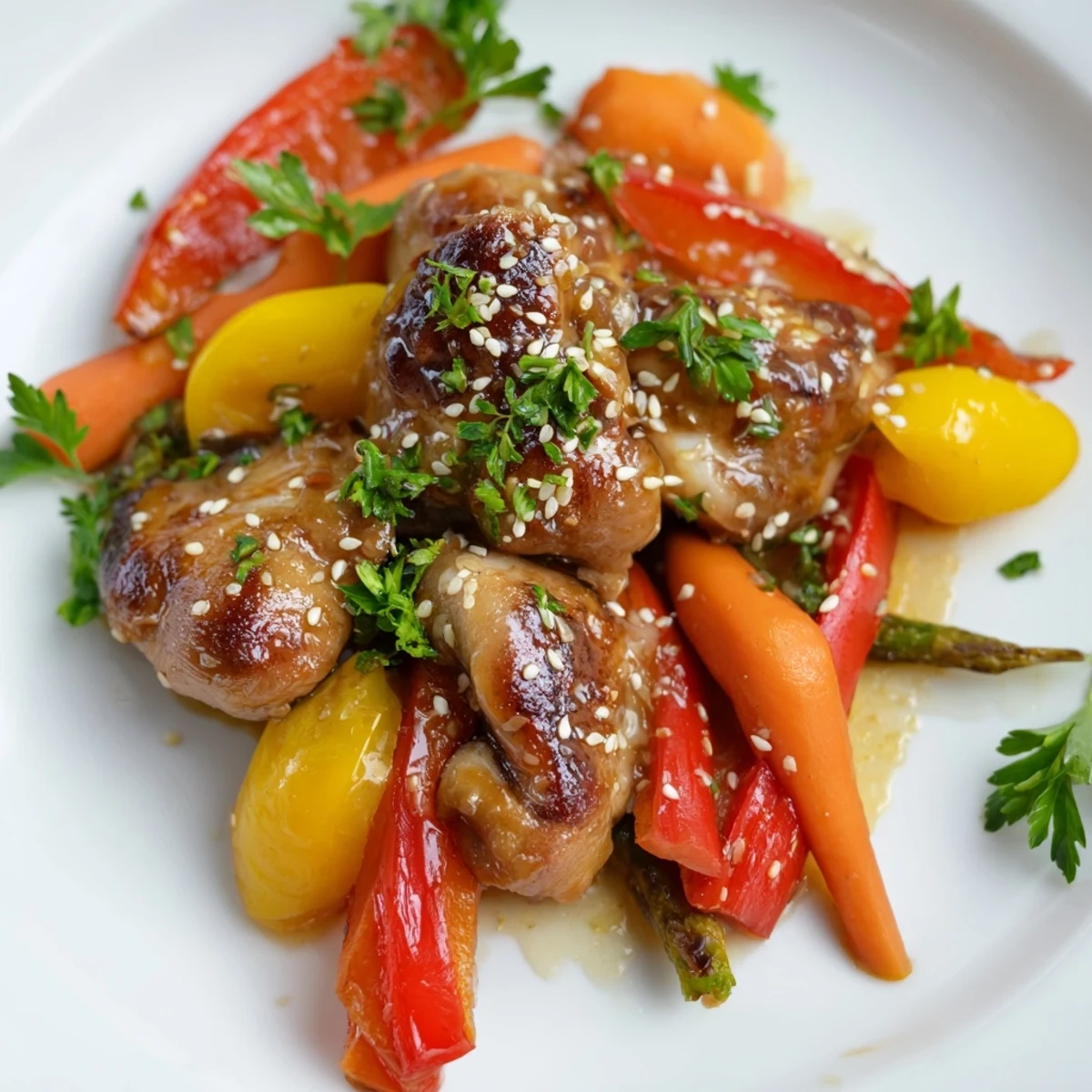 A vibrant sheet pan of honey garlic chicken and colorful roasted vegetables glistening with a sweet-savory glaze.
