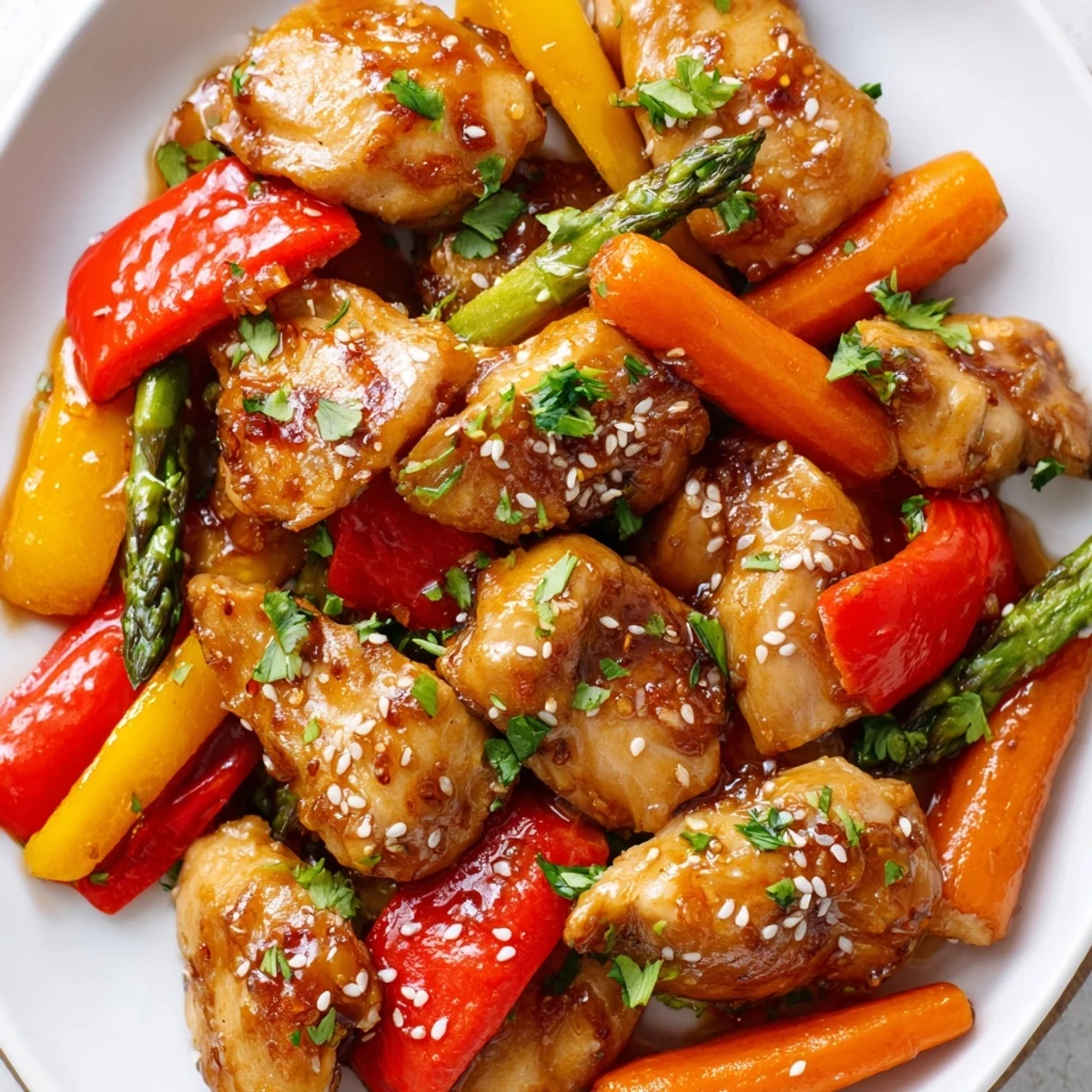 The golden, caramelized edges of honey garlic chicken and vegetables roast together on a single sheet pan.