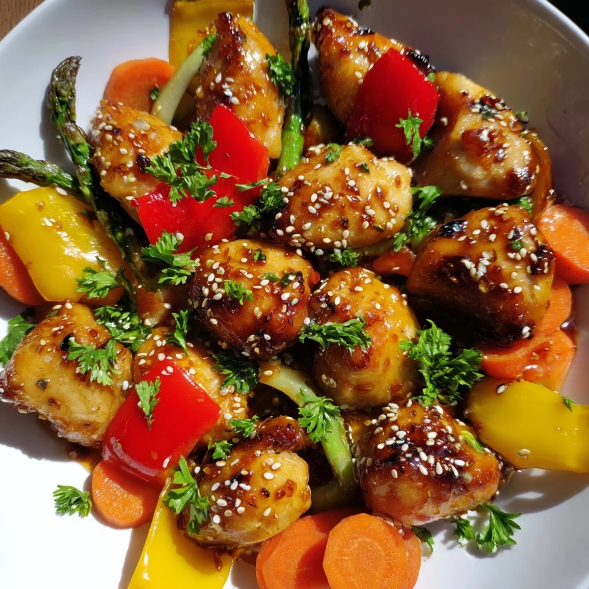Tender roasted chicken and crisp spring vegetables coated in sticky honey garlic sauce, served on a baking sheet.