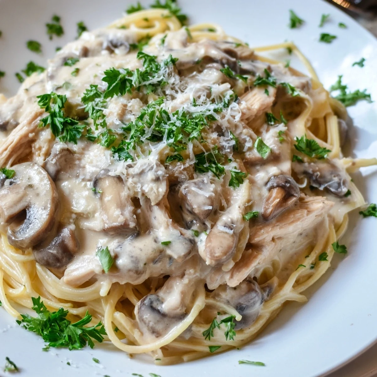 Tender chicken breast and al dente spaghettini coated in a velvety, lighter mushroom cream sauce, garnished with fresh parsley.  