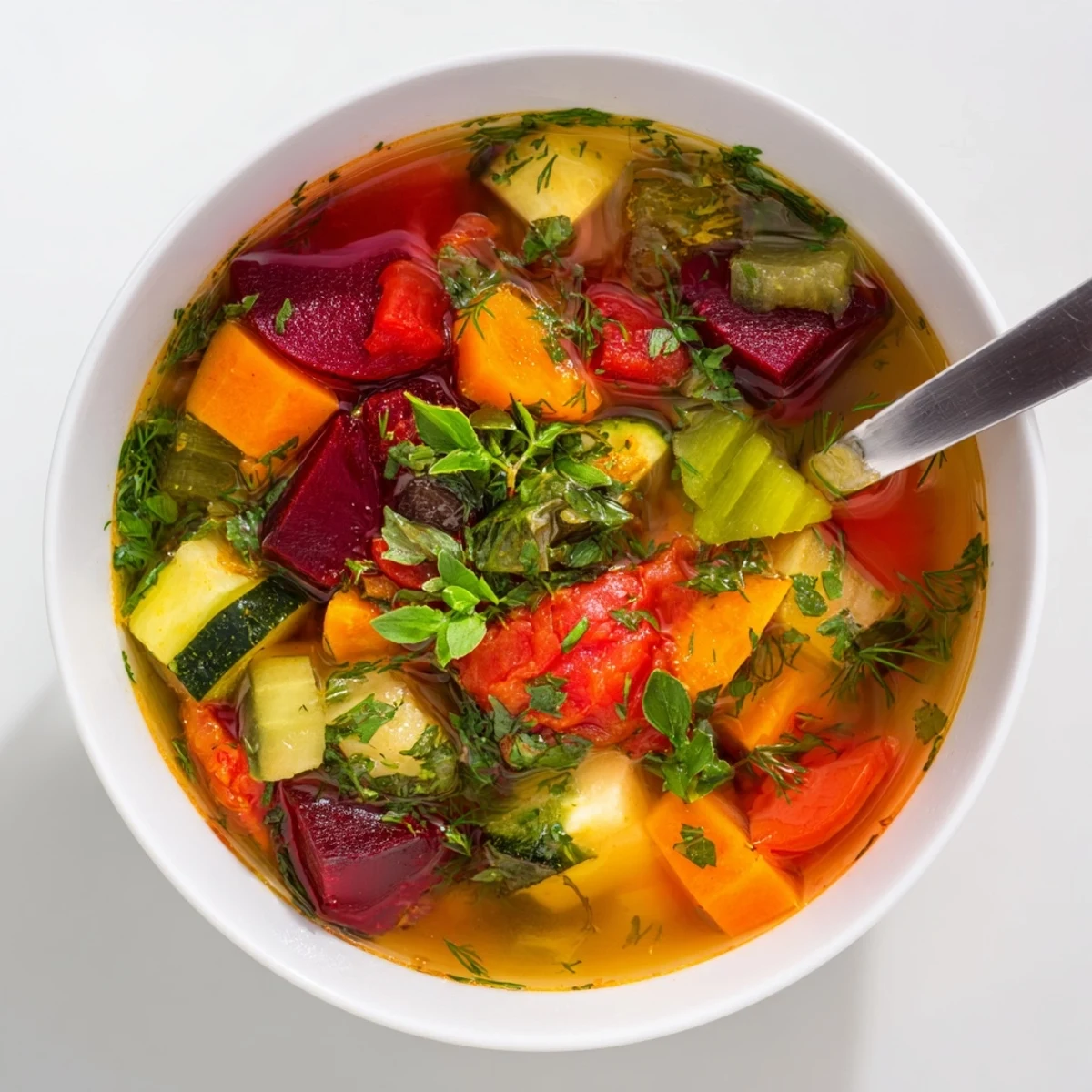 A vibrant bowl of Rainbow Vegetable Detox Soup with colorful chunks of beet, carrots, and zucchini, garnished with fresh herbs.  