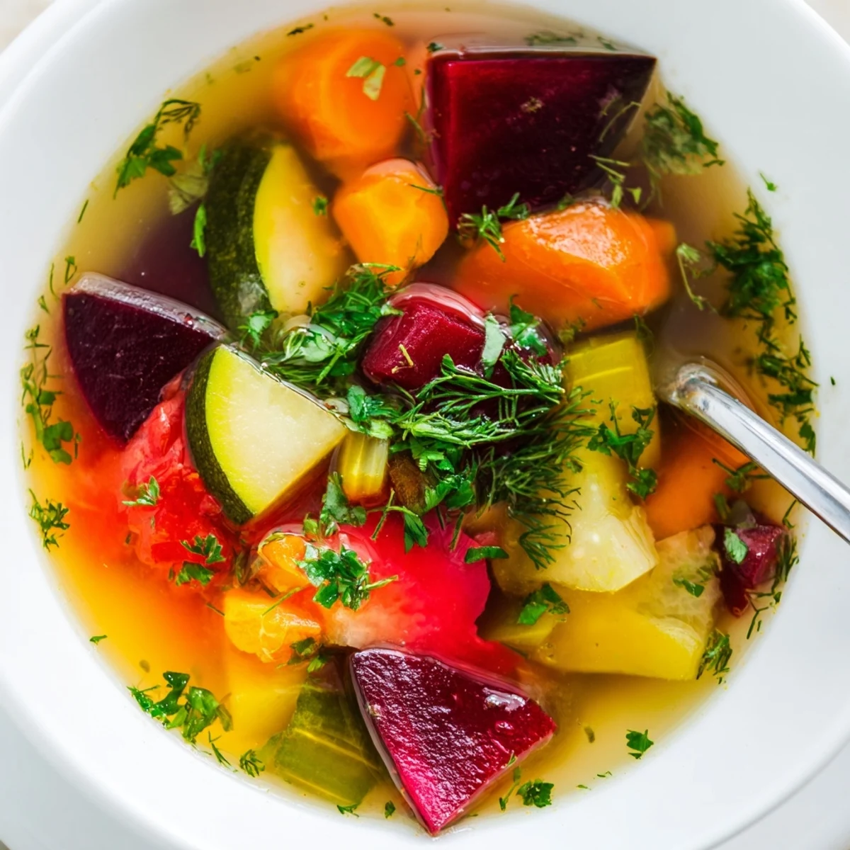 A hearty ladle of steaming Rainbow Vegetable Detox Soup served in a rustic white bowl, showcasing a rich vegetable broth.  