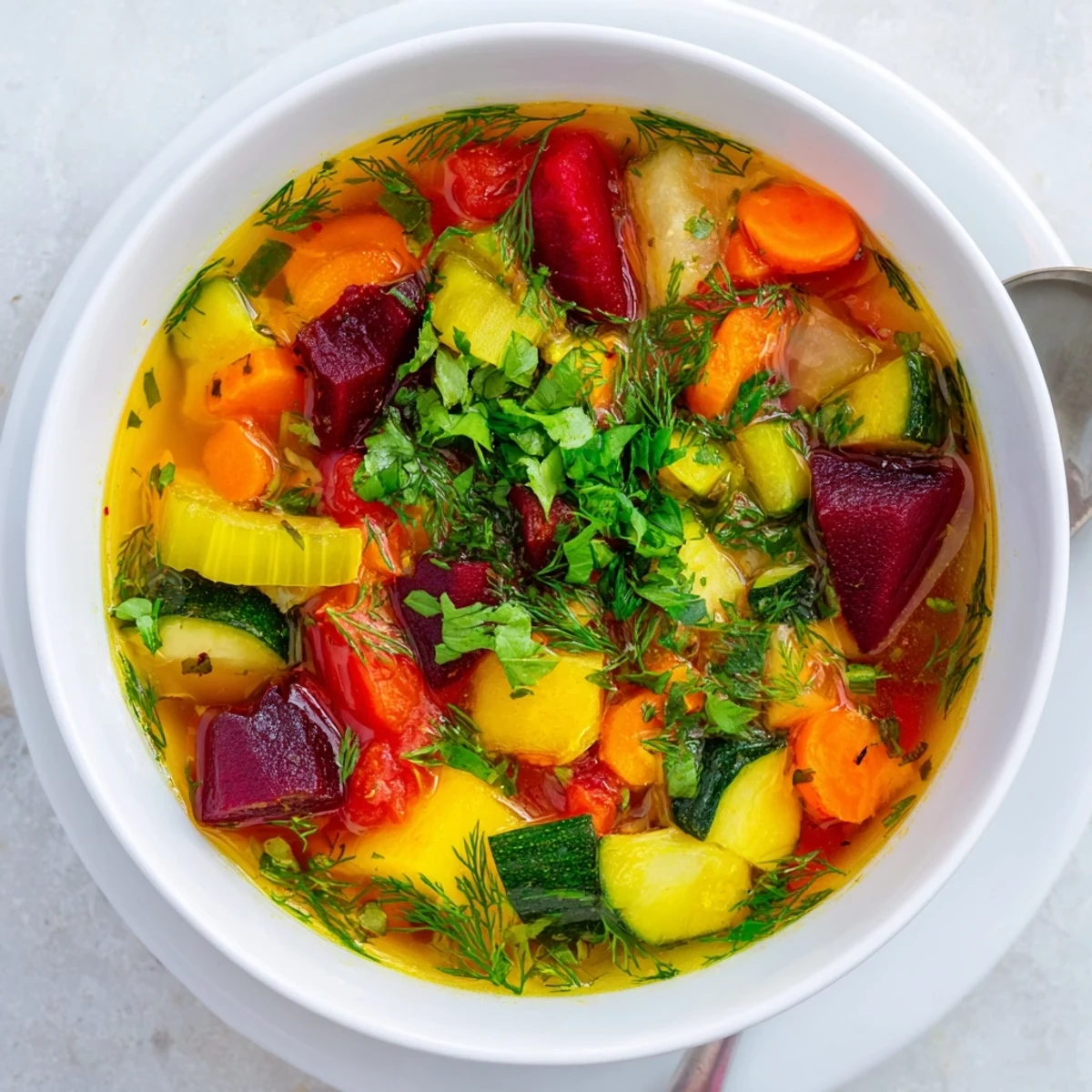 Close-up of Rainbow Vegetable Detox Soup in a pot, featuring bright red beets, orange carrots, and green parsley garnish.