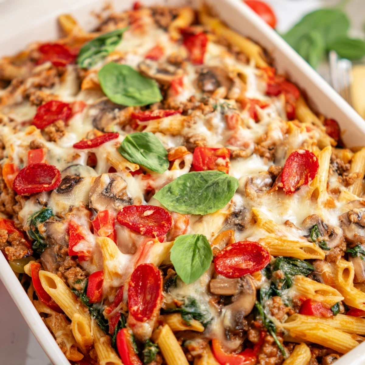 A slice of High Protein Italian Beef and Pasta Bake, featuring whole wheat pasta and melty mozzarella, rests on a ceramic plate garnished with fresh basil.