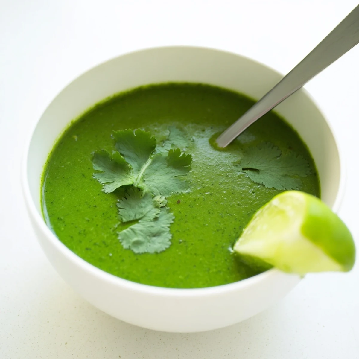 Vibrant green Spinach Coriander Lemongrass Soup served in a rustic ceramic bowl, garnished with fresh cilantro and lime wedges.