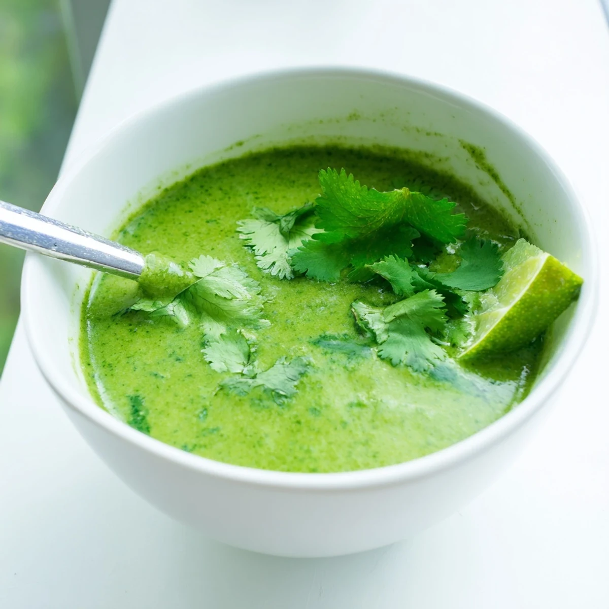 Close-up of a ladle pouring silky Spinach Coriander Lemongrass Soup into a bowl, highlighting its rich, emerald color.
