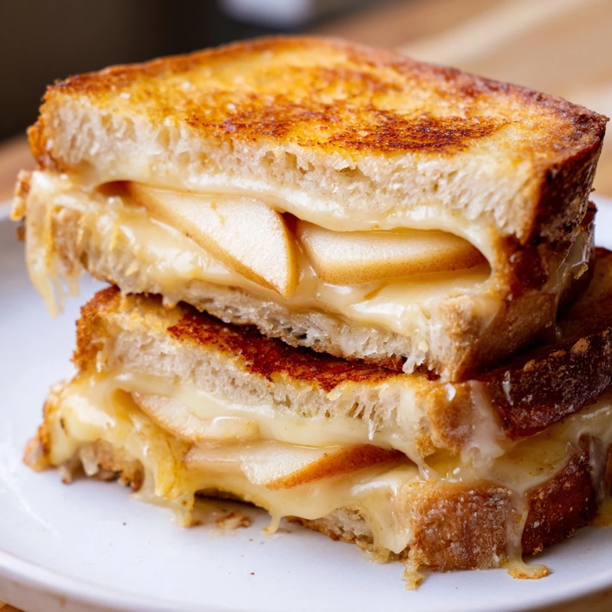 Crispy sourdough slices stuffed with melted smoked Gouda and sweet apple slices, creating a gooey, gourmet grilled cheese.