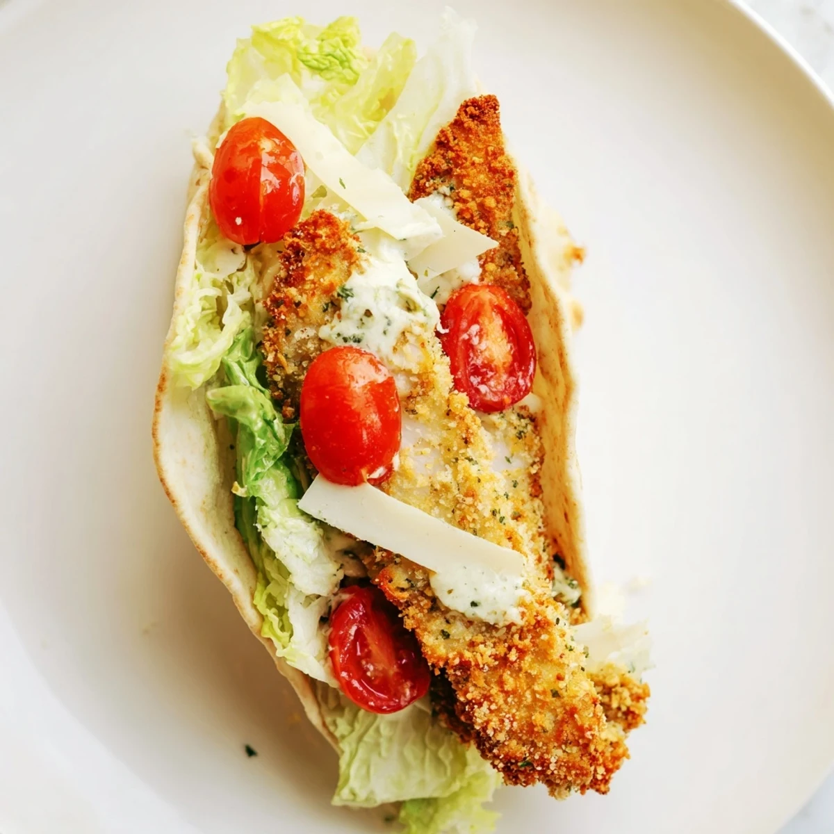 Golden, crispy herbed chicken cutlets layered inside a warm pita pocket with fresh Caesar salad.  