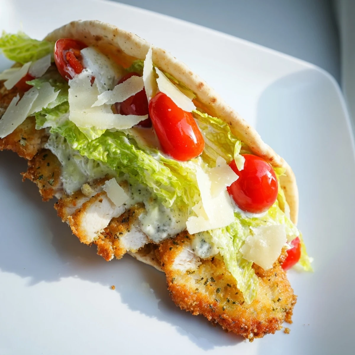 Savory herbed chicken tucked into soft pita bread with Caesar salad and lemon wedges.