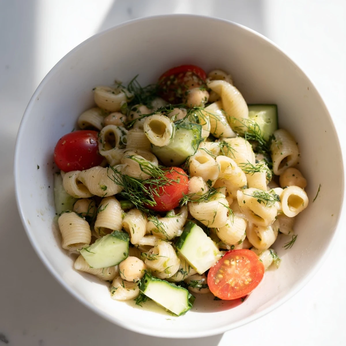A refreshing Mediterranean-inspired lemon herb chickpea pasta salad with parsley, dill, mint, and optional crumbled feta, ready to serve chilled.
