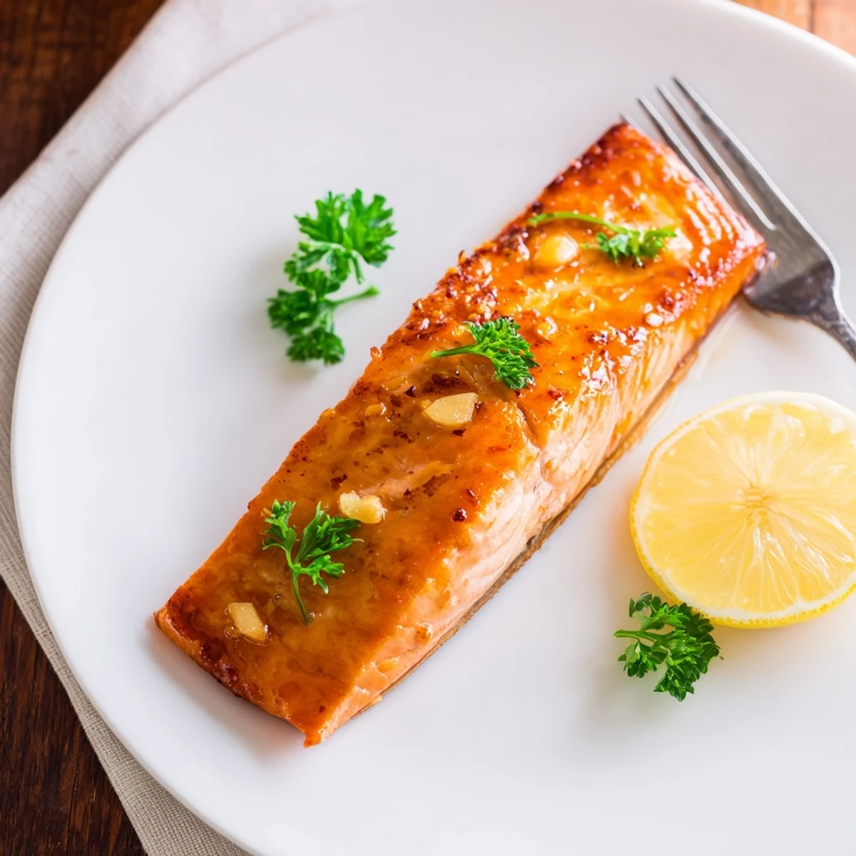 A close-up of Honey Garlic Glazed Salmon fillets with a rich caramelized glaze and fresh parsley garnish, served with lemon wedges.