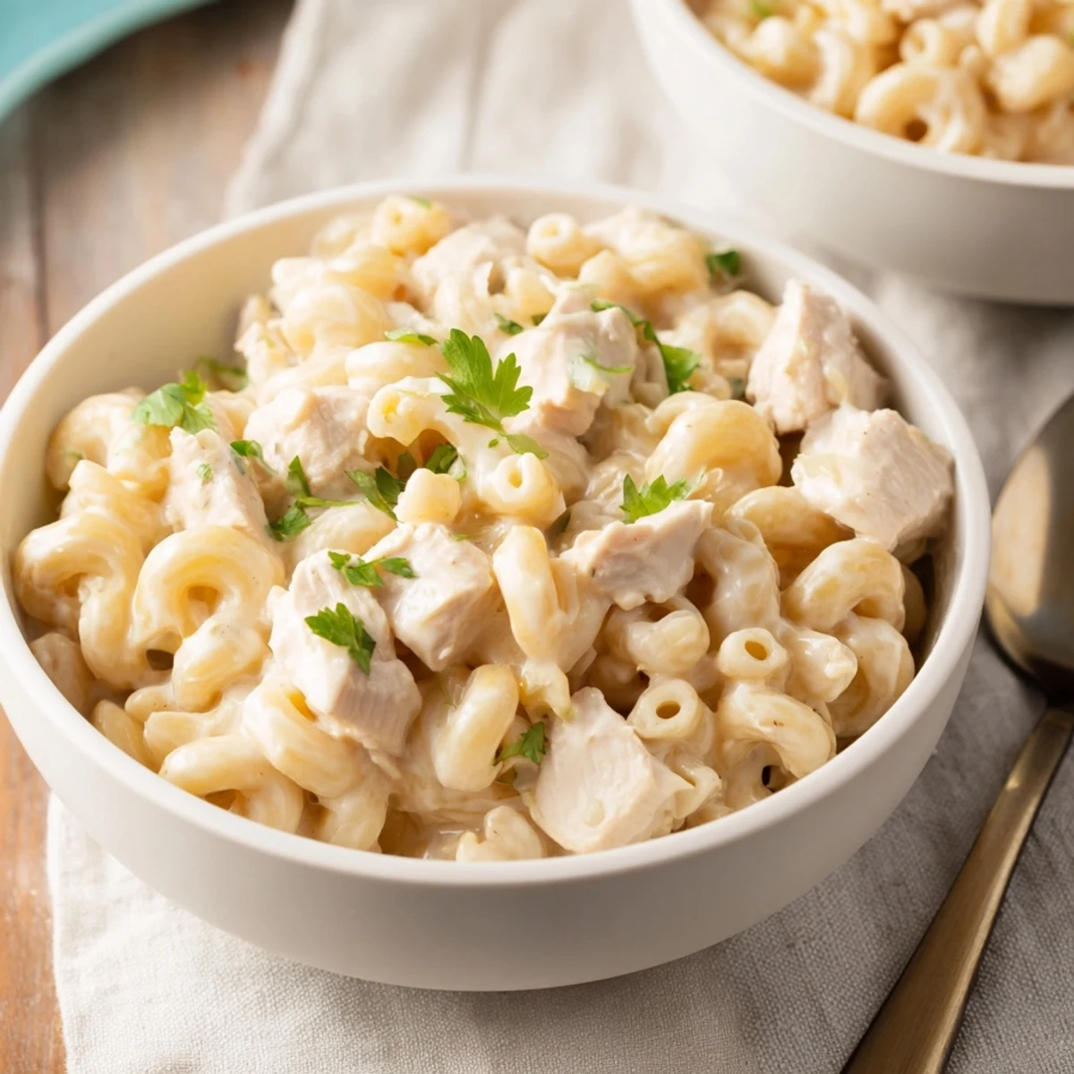 A comforting bowl of Green Chili Chicken Mac, featuring creamy cheese sauce, tender chicken, and mild green chiles.  