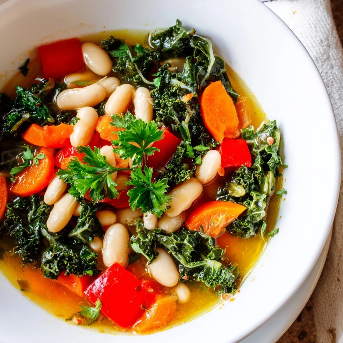 A vibrant bowl of Mediterranean White Bean Stew topped with fresh parsley and served with lemon wedges.  