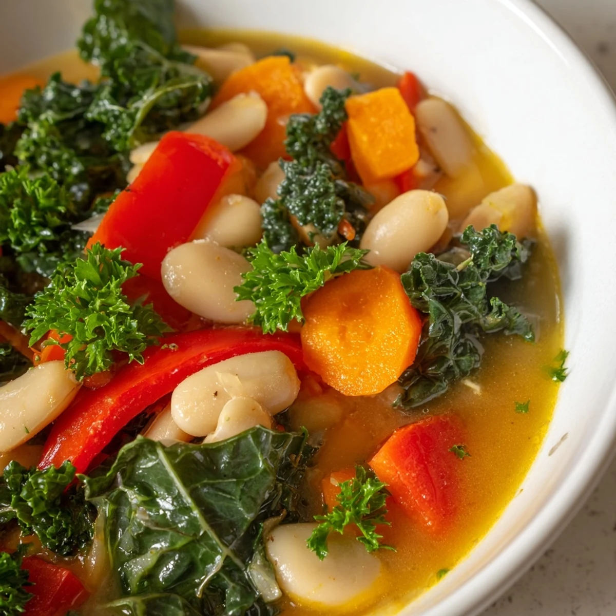 Savory Mediterranean White Bean Stew garnished with parsley and lemon, ready to serve with crusty bread.