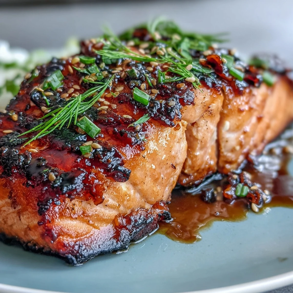 Caramelized miso salmon fillets resting on a bed of sautéed spinach, garnished with fresh ginger and lemon wedges.