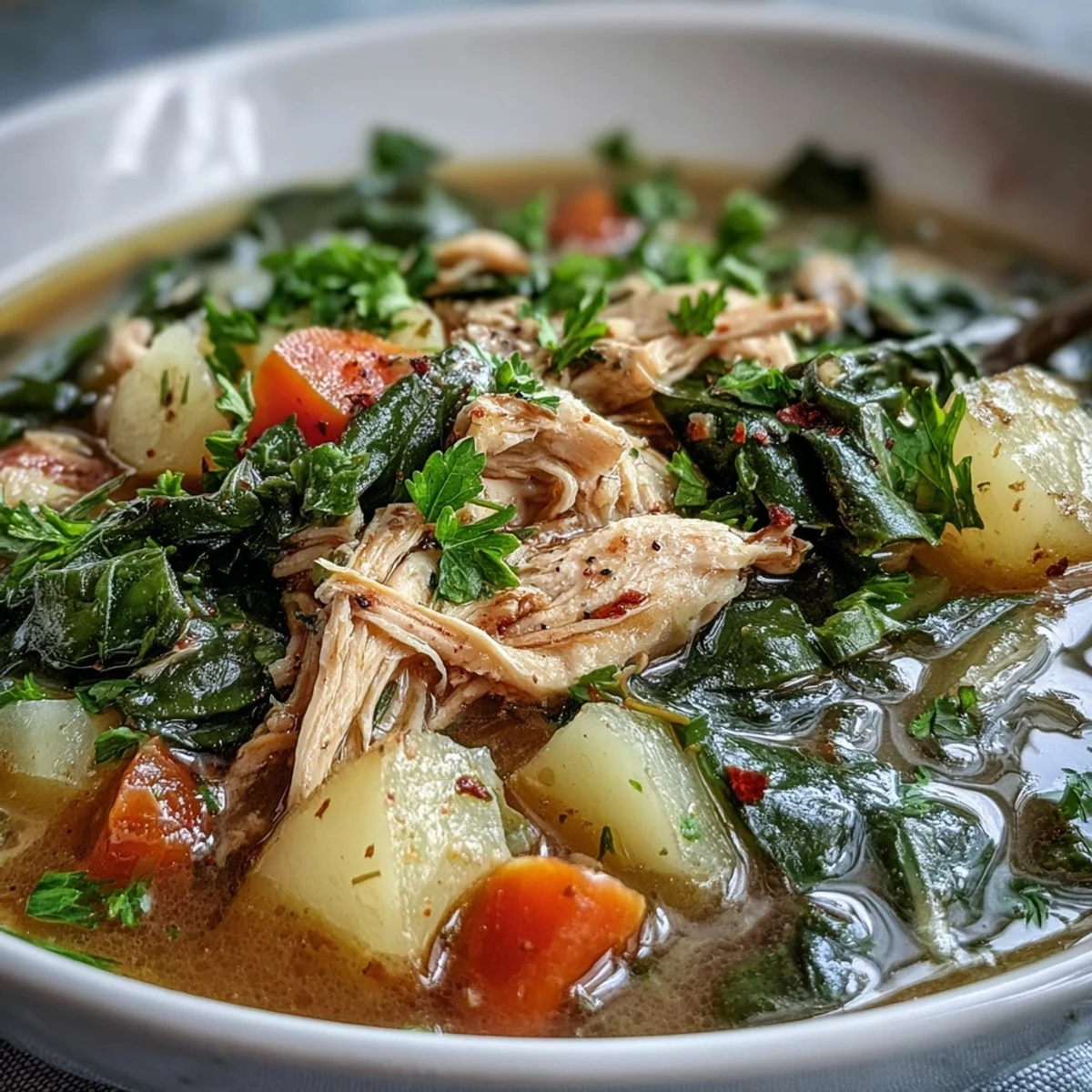 Hearty Collard Greens Chicken Vegetable Soup, brimming with tender chicken and vibrant greens.