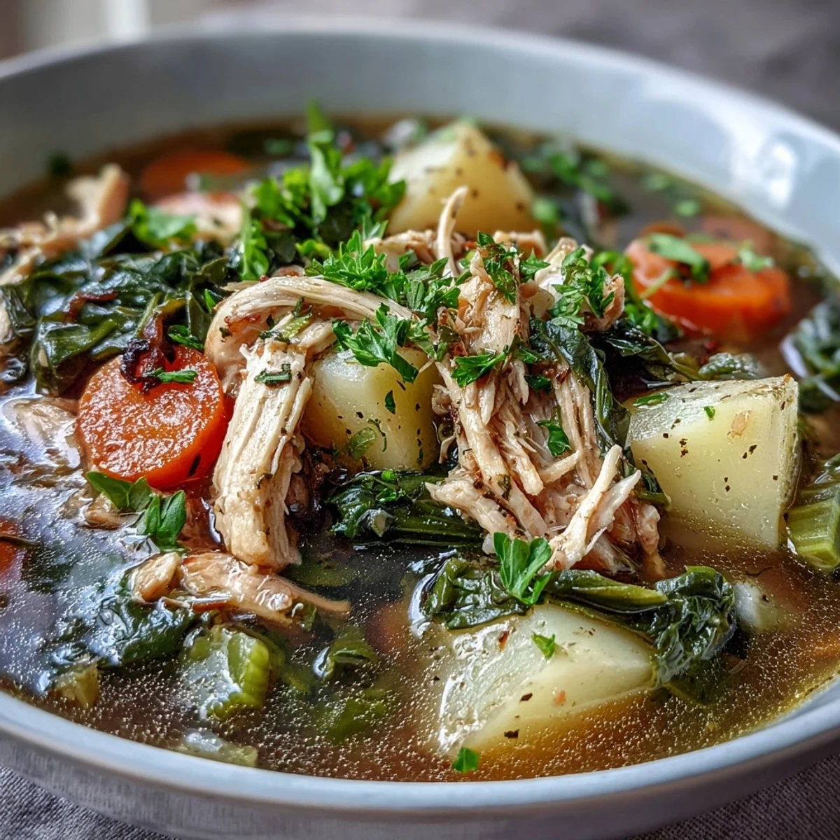 Satisfying Collard Greens Chicken and Vegetable Soup, a comforting bowl ready to enjoy.