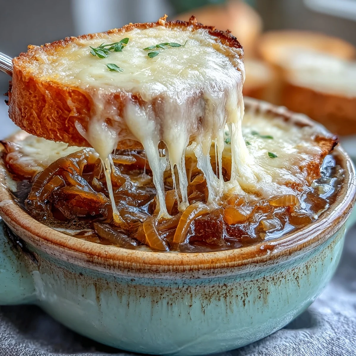 Classic French Onion Soup served in a crock with bubbly, golden Gruyère cheese and crusty bread.