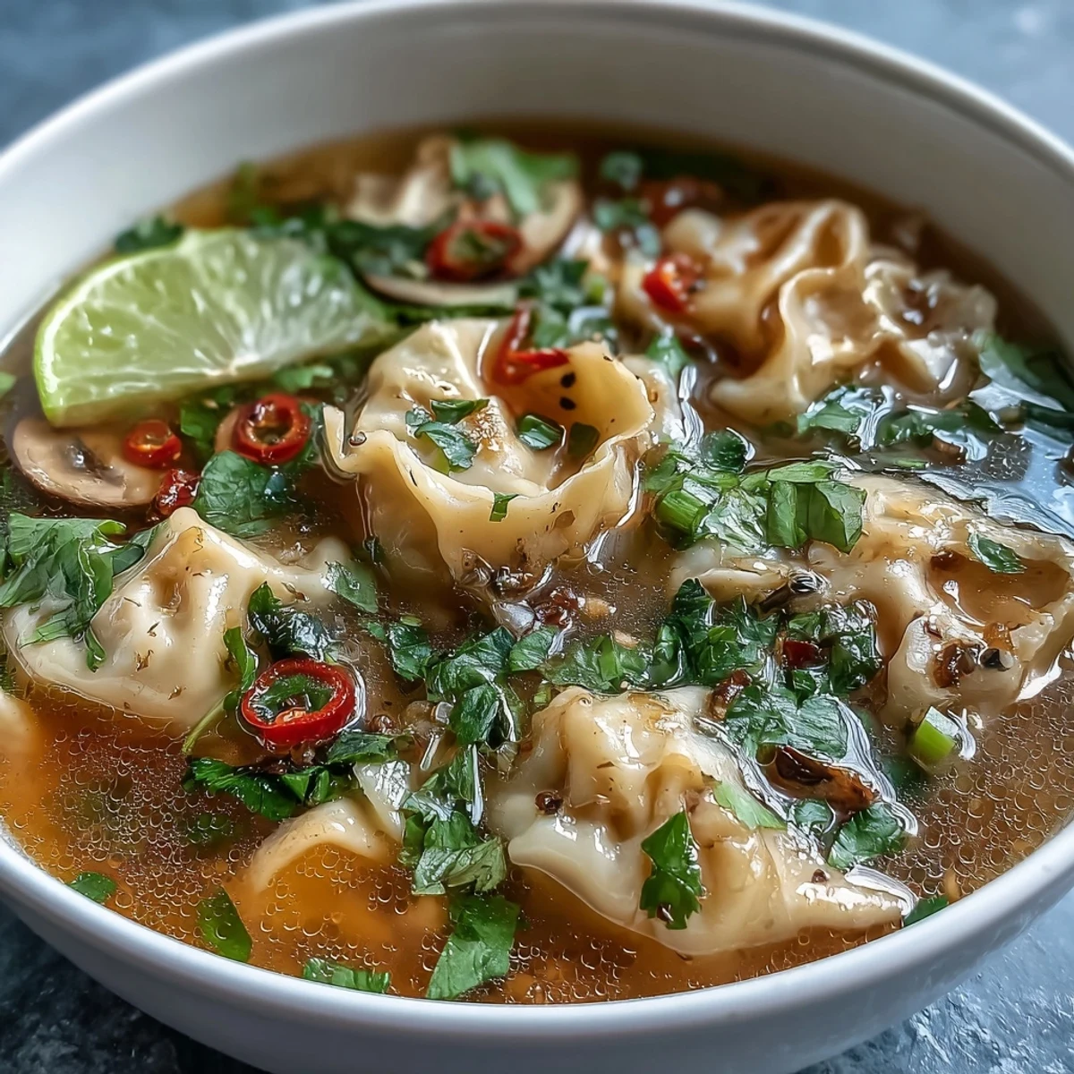 Steaming bowl of Tom Yum Wonton Soup with pork dumplings in a clear, spicy, and tangy Thai-Chinese broth.