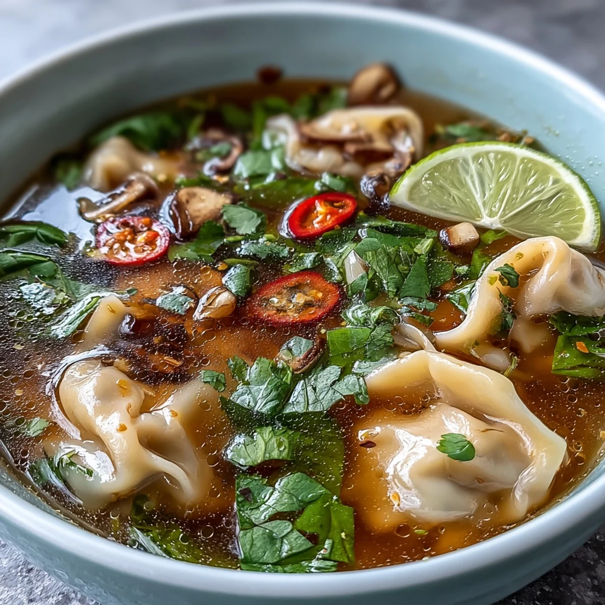 Freshly prepared Tom Yum Wonton Soup garnished with cilantro, lime wedges, and chili oil for a vibrant finish.