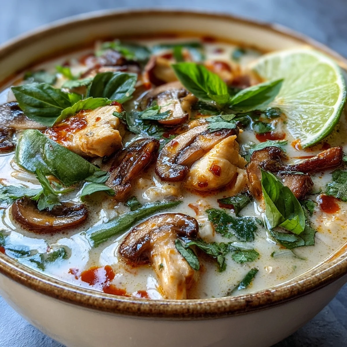 Thai Chicken Coconut Curry Soup steaming in a creamy, red-hued bowl topped with fresh cilantro and lime wedges.