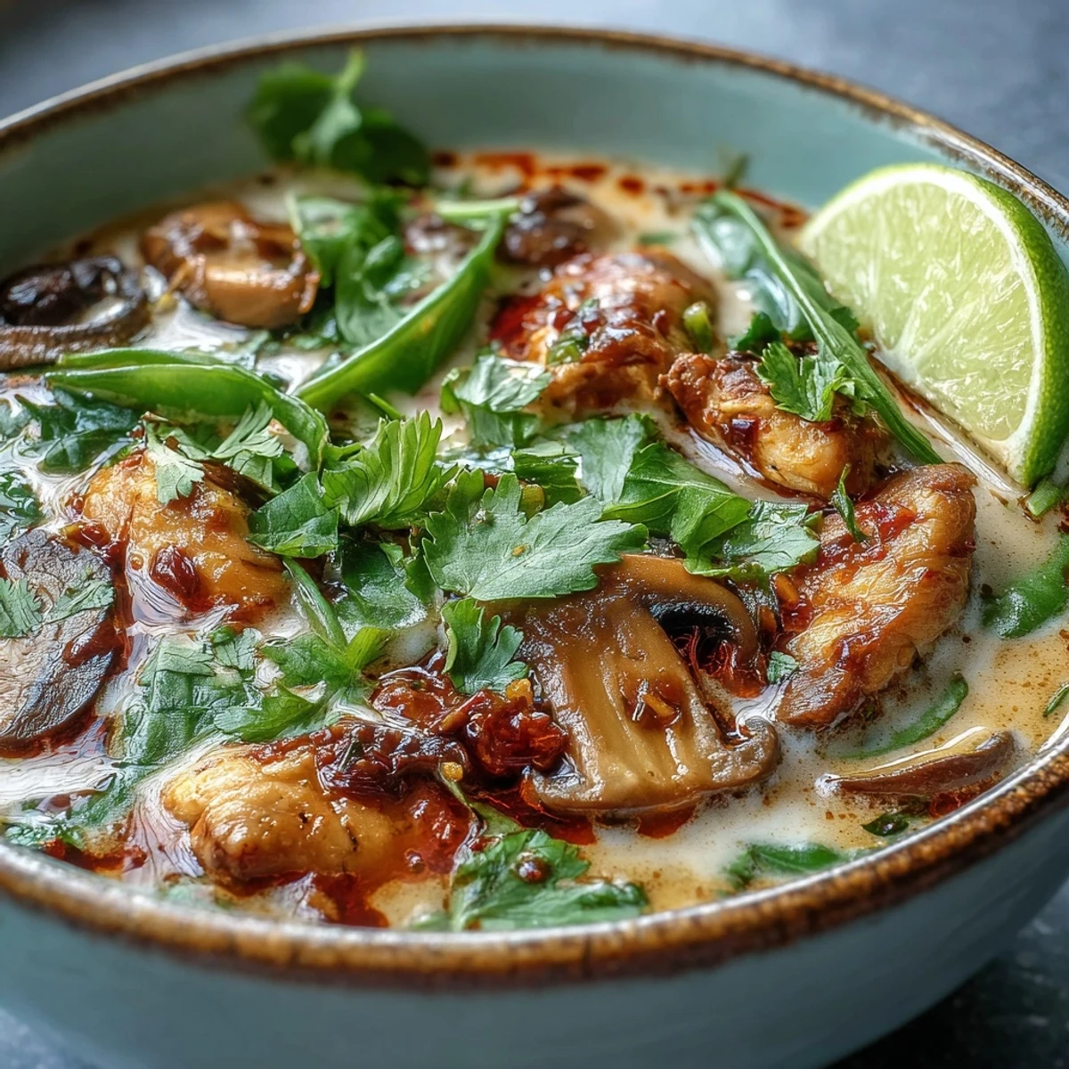 A close-up of Thai Chicken Coconut Curry Soup featuring tender chicken, red bell peppers, and snow peas in coconut broth.