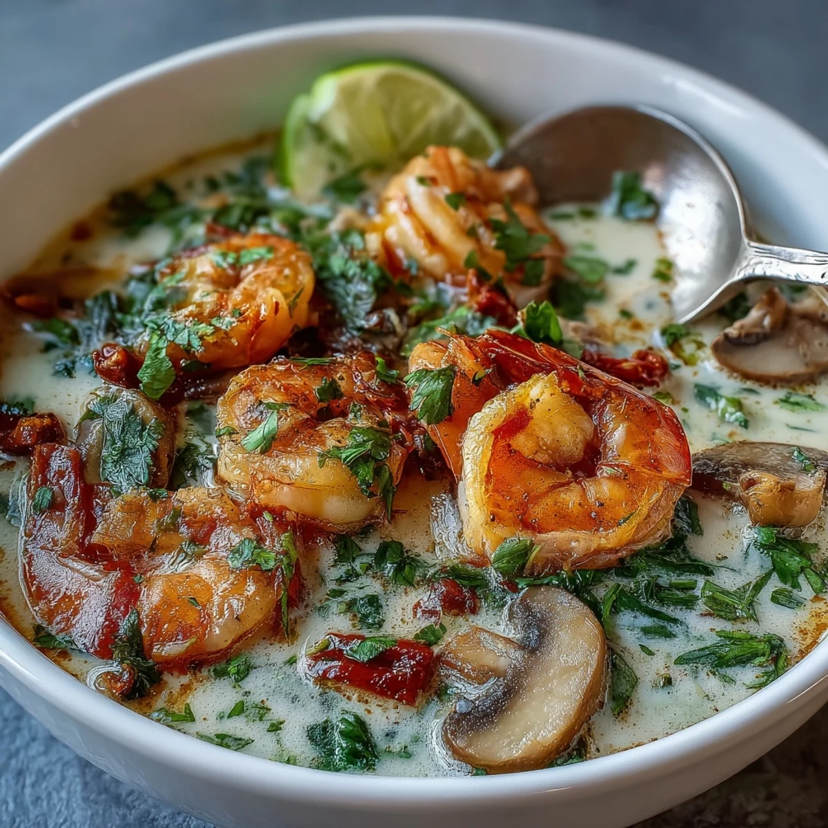 A bowl of Thai Coconut Shrimp Soup garnished with fresh cilantro, lime wedges, and green onions.