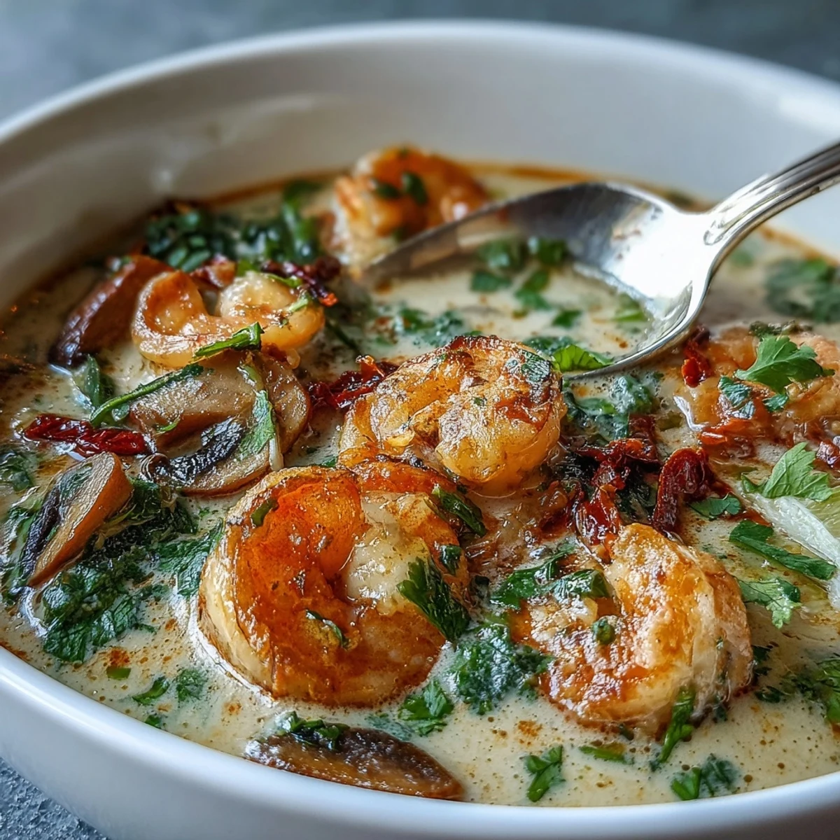 Creamy Thai Coconut Shrimp Soup simmering in a pot with vibrant red curry and sliced mushrooms.