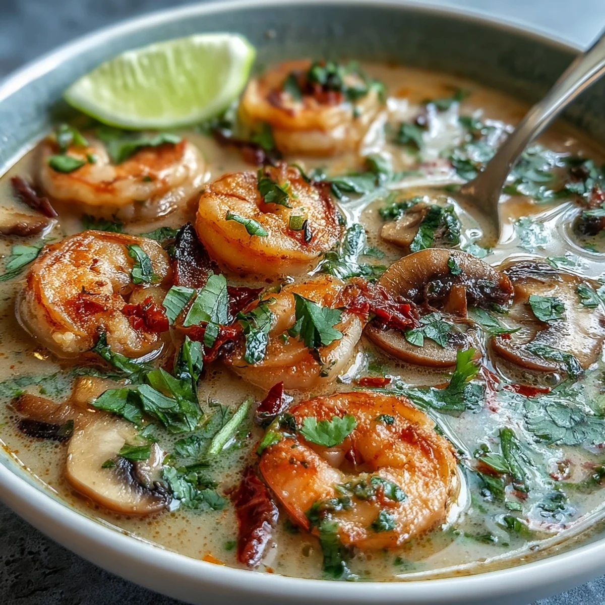 Succulent pink shrimp and coconut milk broth in a steaming bowl of Thai Coconut Shrimp Soup.