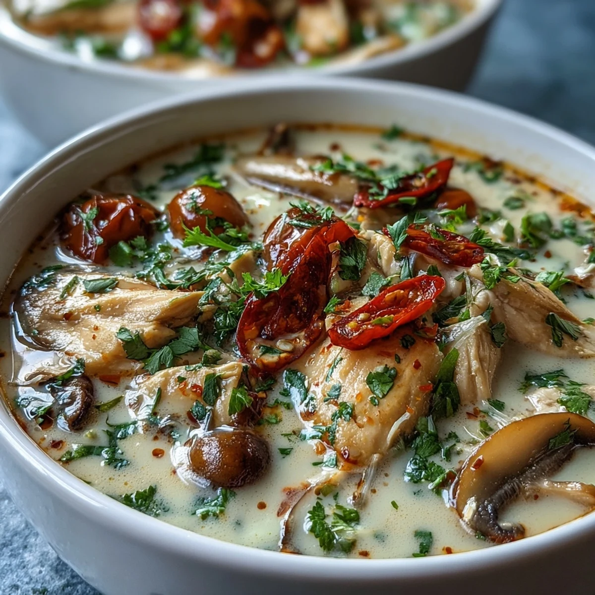 Steaming Best Ever Tom Kha Gai Soup in a white bowl, brimming with tender chicken, mushrooms, and fragrant herbs.