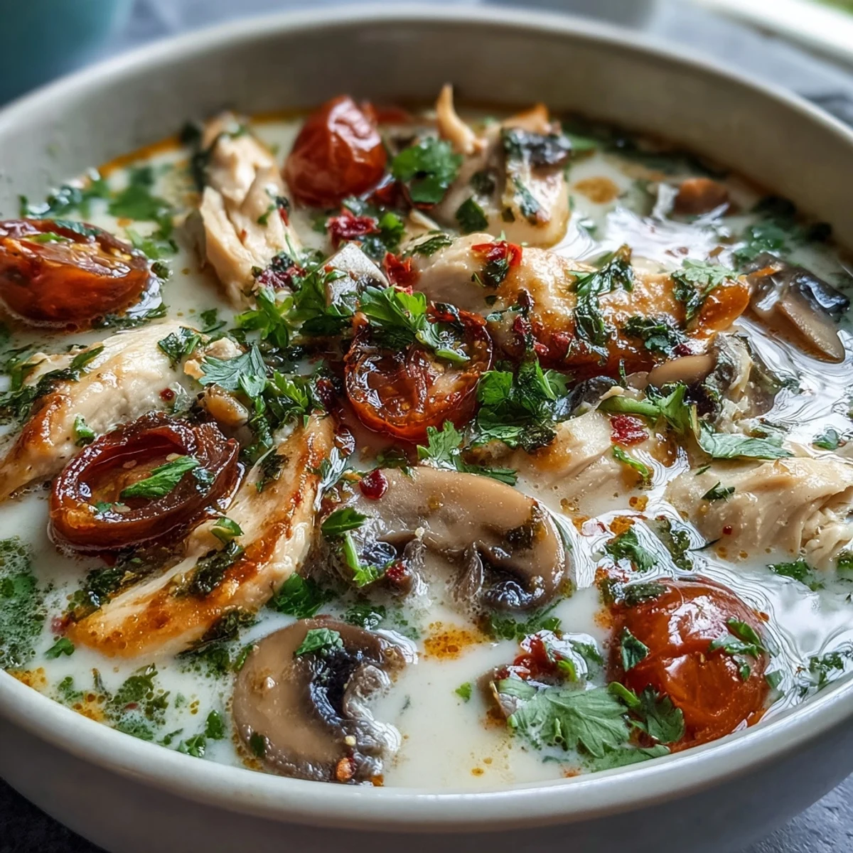 Close-up of Best Ever Tom Kha Gai Soup, showcasing creamy coconut broth, lime wedges, and fresh cilantro garnish.