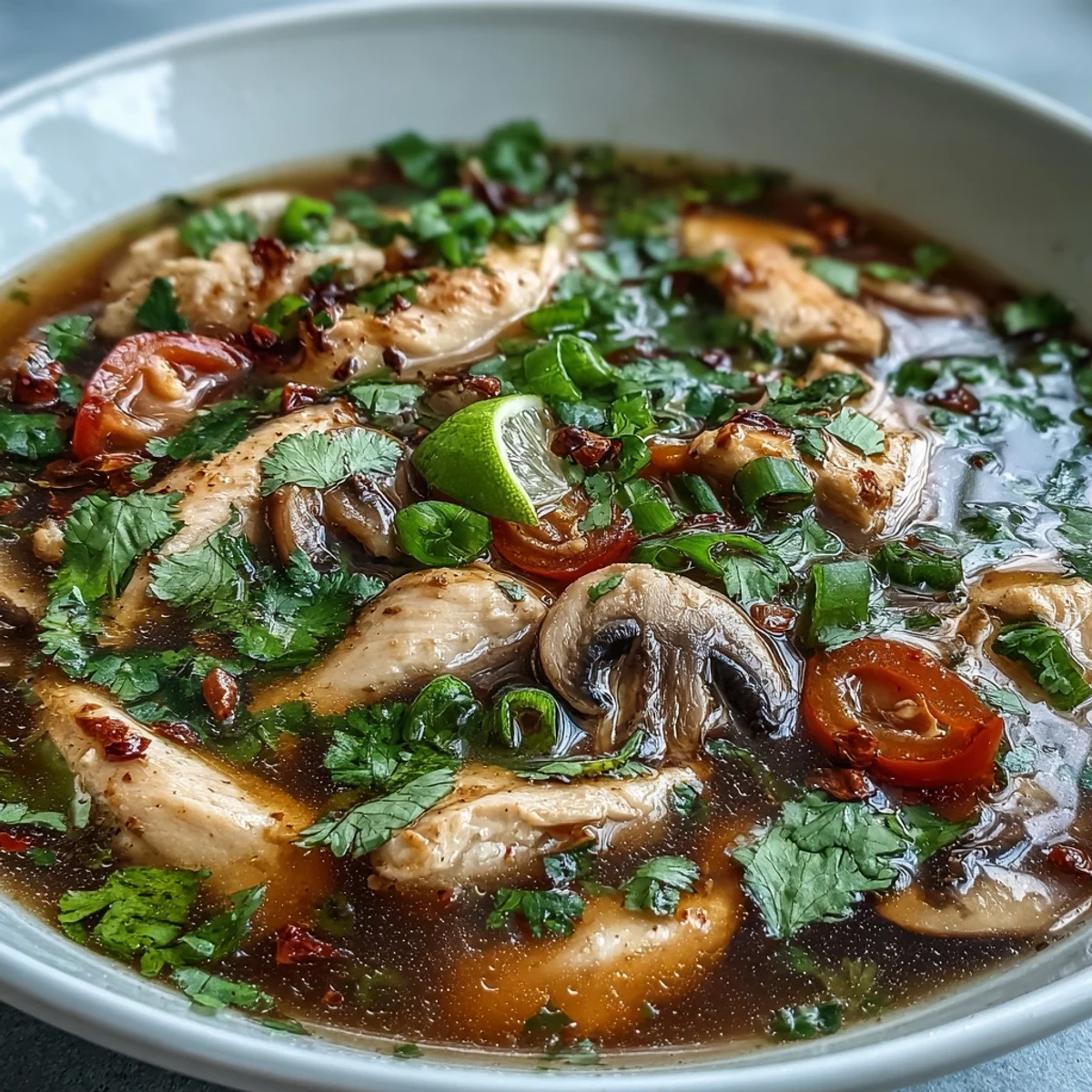 Bright orange and red Tom Yum Chicken soup in a white bowl, featuring tender chicken slices, mushrooms, and tomato wedges.