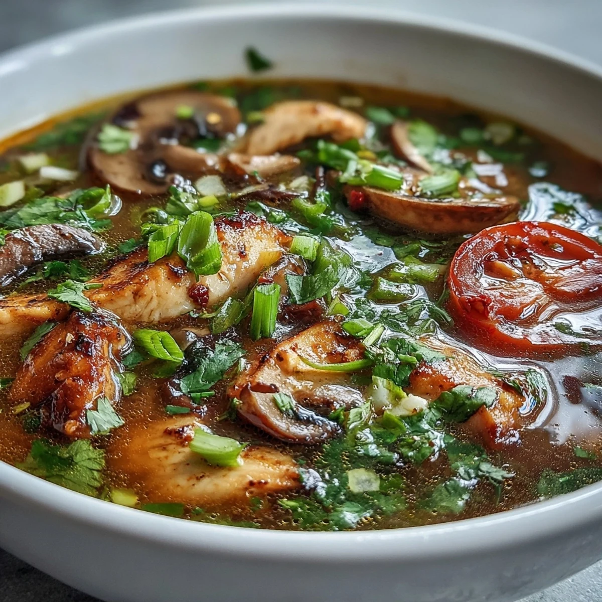 A steaming bowl of spicy Tom Yum Chicken broth infused with lemongrass and garnished with fresh cilantro and spring onions.
