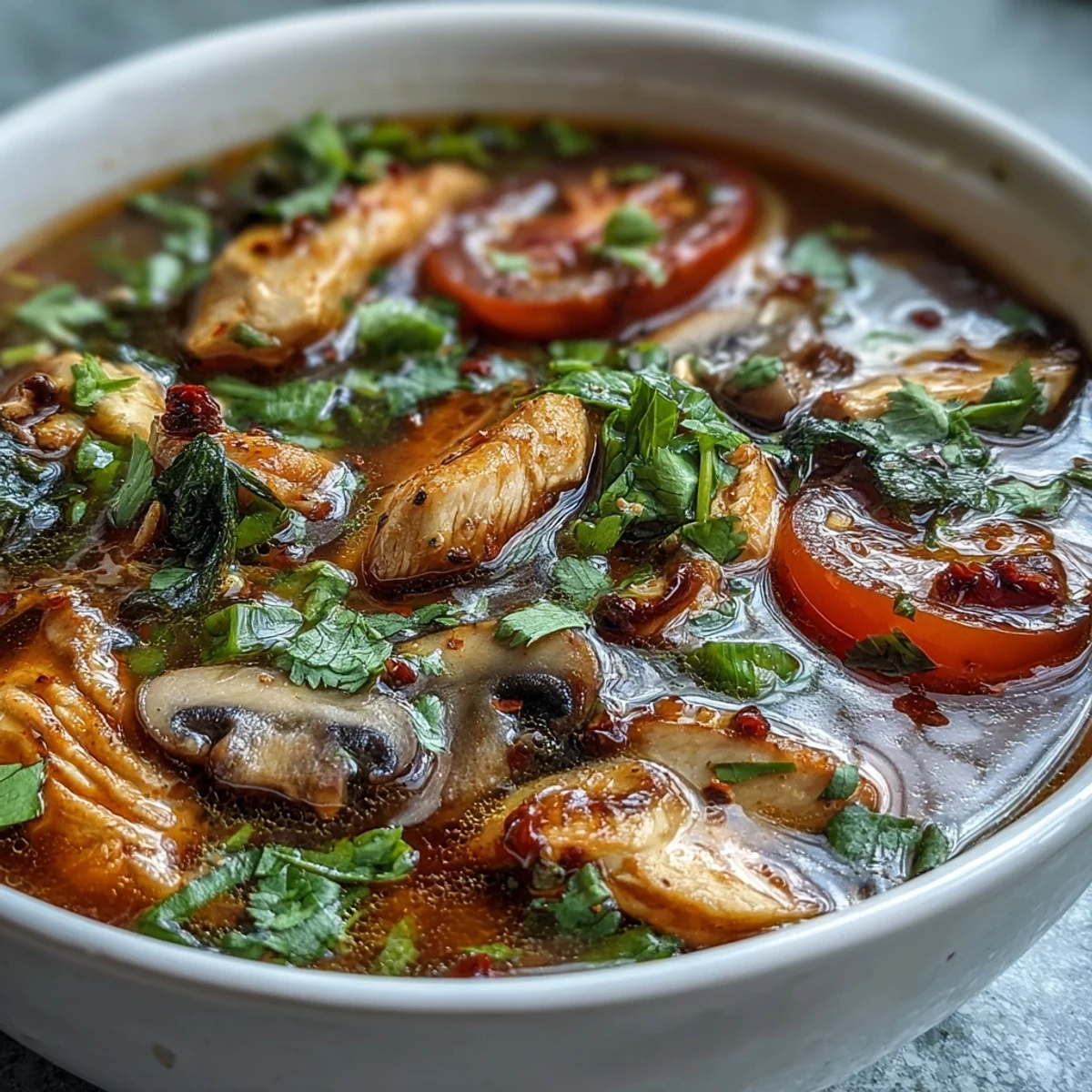 Spoon lifting a serving of Tom Yum Chicken soup, revealing a rich, aromatic broth with tender chicken and vibrant herbs.